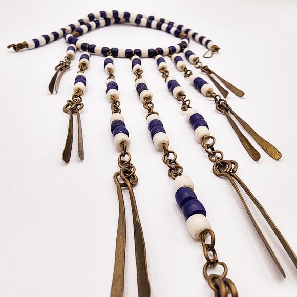 Vintage 1970s Boho Brass Fringe Bib Necklace Blue White Ceramic Beads Festival - Picture 4 of 8